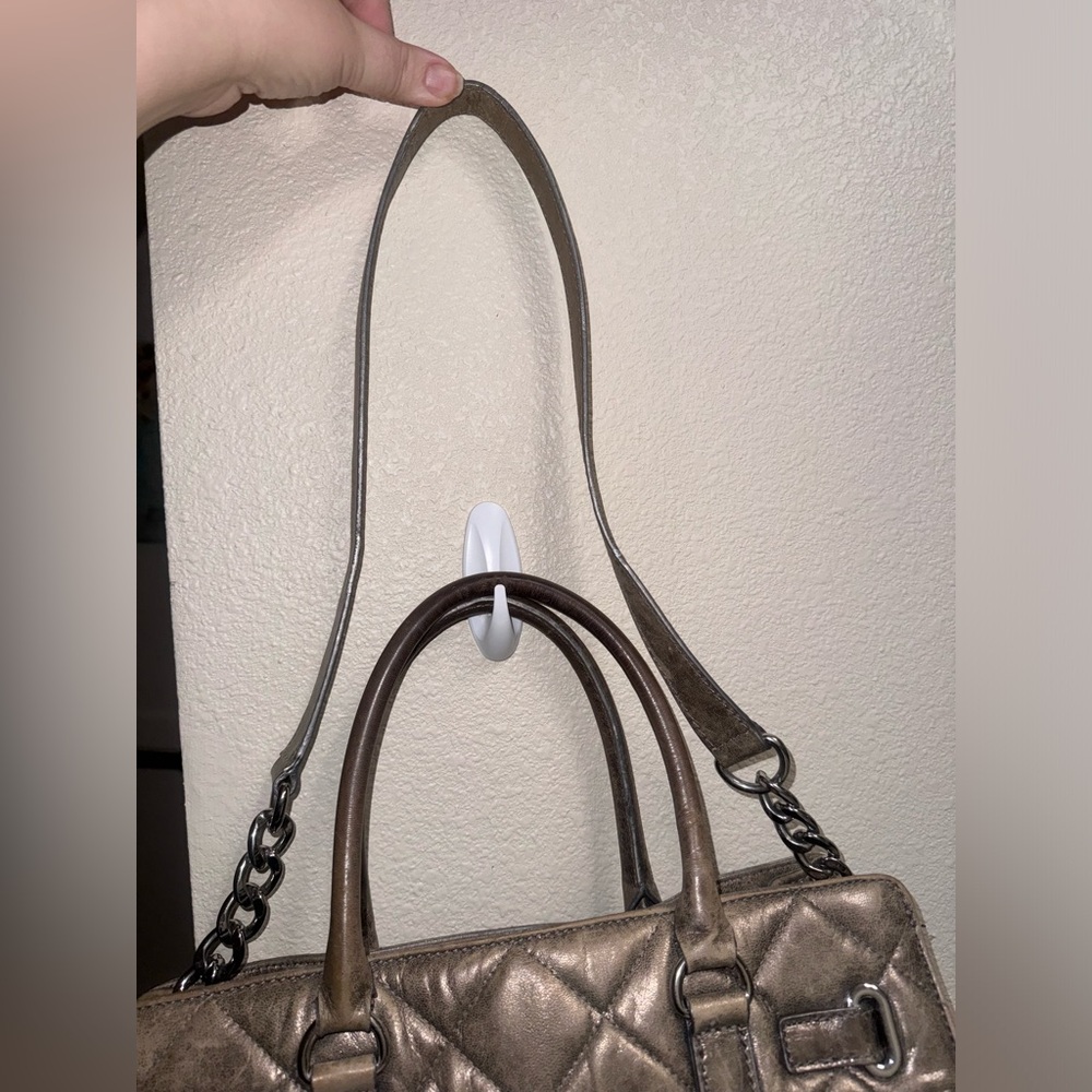 Michael Kors Silver Tan Quilted Satchel GUC - Picture 7 of 13